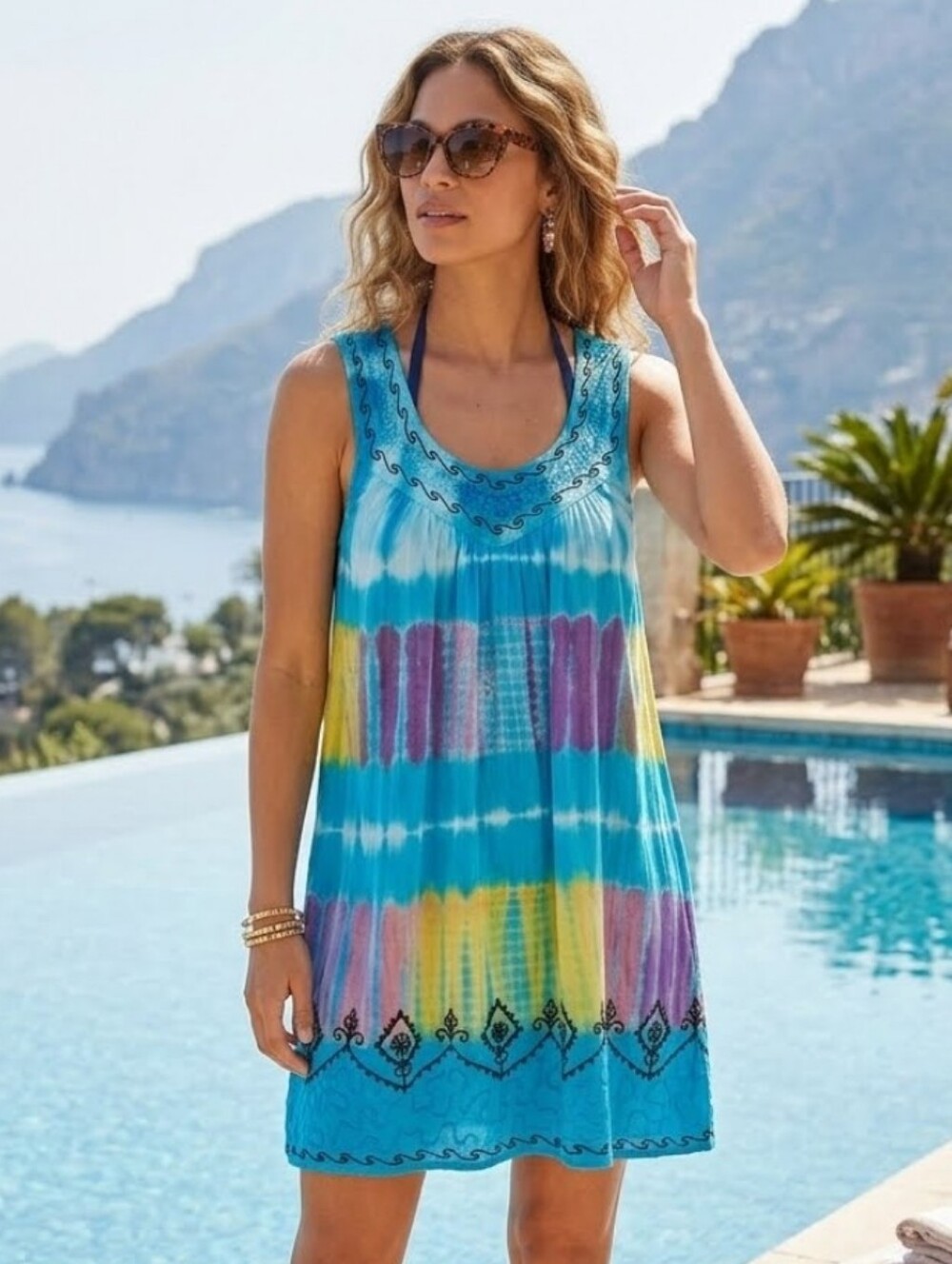 Boho Island Tie Dye Embroidered Umbrella Beach Dress Swim Cover Up